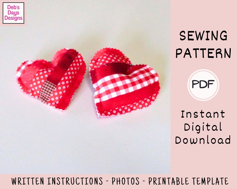 Scrappy Fabric Hearts PDF SEWING PATTERN, Digital Download, How to Make Handmade Valentine's Day Quilted Stuffed Shapes, Tiered Tray Decor image 3