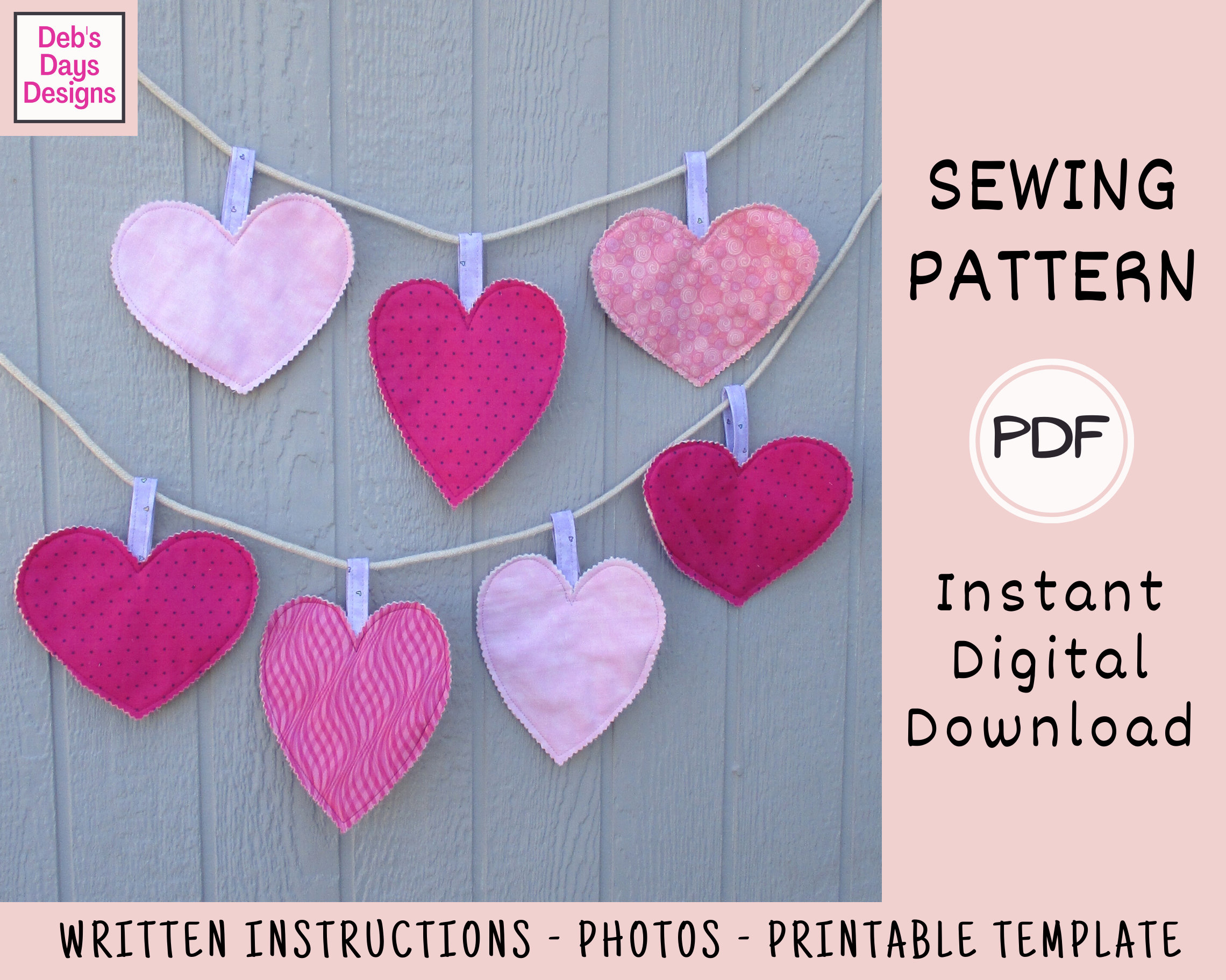 heart garland pdf sewing pattern digital download diy fabric etsy