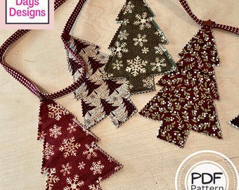 Christmas Tree Garland PDF SEWING PATTERN, Digital Download, How to Make a Fabric Holiday Bunting Banner, Hanging Mantel Decor Tutorial