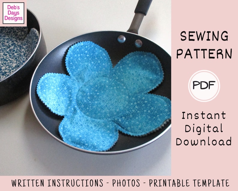 Flower Fabric Pan Protectors PDF SEWING PATTERN, Digital Download, How to Sew Padding for Pots, Bowls, and Dishes, Floral Kitchen Project 画像 4