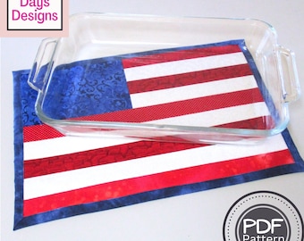 Quilted American Flag Hot Pad PDF SEWING PATTERN, Digital Download, How to Sew Fabric Strips for Extra Large Casserole Dishes Glass Pans