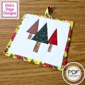 Christmas Trees Potholder PDF SEWING PATTERN, Digital Download, How to Make an Quilted Appliquéd Holiday Trivet, Cabin Hot Pad Tutorial