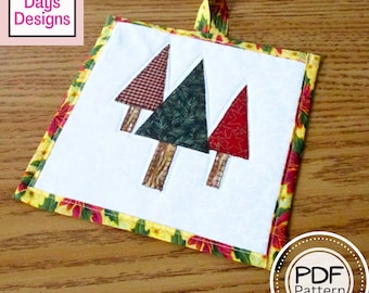 Christmas Trees Potholder PDF SEWING PATTERN, Digital Download, How to Make an Quilted Appliquéd Holiday Trivet, Cabin Hot Pad Tutorial