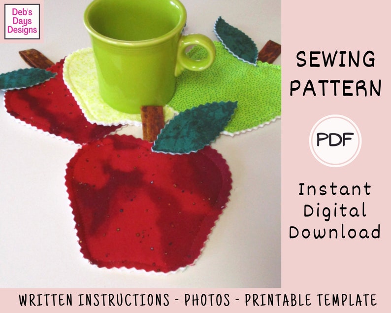 Apple Coasters PDF SEWING PATTERN, Digital Download, How to Sew Fall Quilted Fabric Coaster Set, Teacher Gift Idea, Simple Seasonal Tutorial image 3