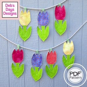 Fabric Tulip Garland PDF SEWING PATTERN, Digital Download, How to Sew a Quilted Flower Bunting Banner, Hanging Spring Floral Decor, Tutorial