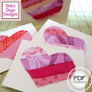 Valentine's Day Cards PDF SEWING PATTERN, Digital Download, How to Make Handmade Heart Fabric Strip Cards, Notecard Craft Tutorial image 1