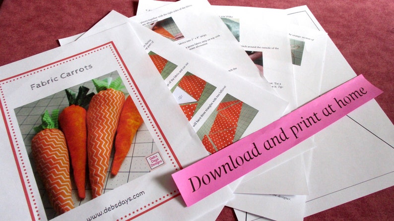 Fabric Easter Carrots PDF Sewing PATTERN, Digital Download, How to Sew DIY Homemade Stuffed Carrots, Spring Garden Home Decor image 2