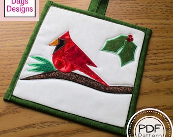 Red Cardinal Potholder PDF SEWING PATTERN, Digital Download, How to Make an Appliquéd Cotton Kitchen Hot Pad, Quilted Christmas Tutorial
