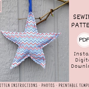 May include: A sewing pattern for a red, white, and blue chevron star-shaped pillow. The pattern includes written instructions, photos, and a printable template. The pattern is available as an instant digital download in PDF format.