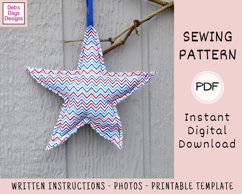 May include: A sewing pattern for a red, white, and blue chevron star-shaped pillow. The pattern includes written instructions, photos, and a printable template. The pattern is available as an instant digital download in PDF format.