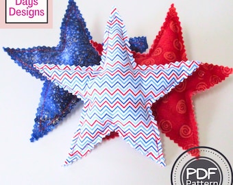 Stuffed Fabric Stars PDF SEWING PATTERN, Digital Download, How to Make Handmade Americana Cloth Star Shapes, July 4th Tiered Tray Decor
