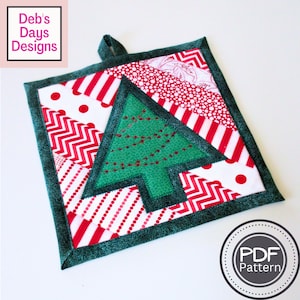 May include: A green Christmas tree pot holder with a red and white patchwork design. The pot holder has a loop for hanging.  PDF Pattern.