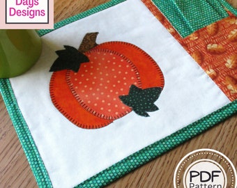 Pumpkin Mug Rug PDF SEWING PATTERN, Digital Download, How to Make a Quilted Appliquéd Pocket Mini Placemat, Handmade Fall Snack Mat Tutorial