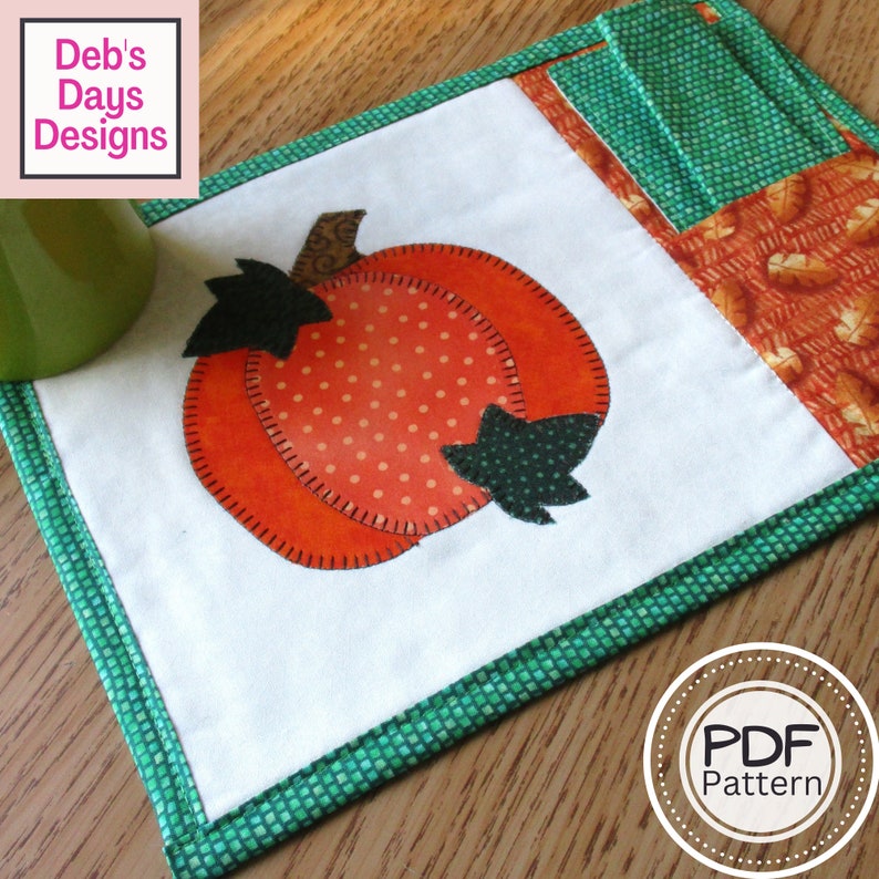 Pumpkin Mug Rug PDF SEWING PATTERN, Digital Download, How to Make a Quilted Appliquéd Pocket Mini Placemat, Handmade Fall Snack Mat Tutorial imagen 1