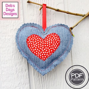 Denim Heart Ornament PDF SEWING PATTERN, Digital Download, How to Make Fabric Valentine&#39;s Day Decorations, Easy Tutorial