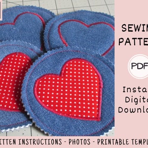 Valentine's Day Heart Coasters PDF SEWING PATTERN, Digital Download, How to Make Handmade Round Fabric Drink Set, Upcycled Denim Tutorial image 3