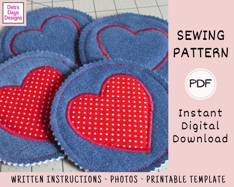 Valentine's Day Heart Coasters PDF SEWING PATTERN, Digital Download, How to Make Handmade Round Fabric Drink Set, Upcycled Denim Tutorial image 3