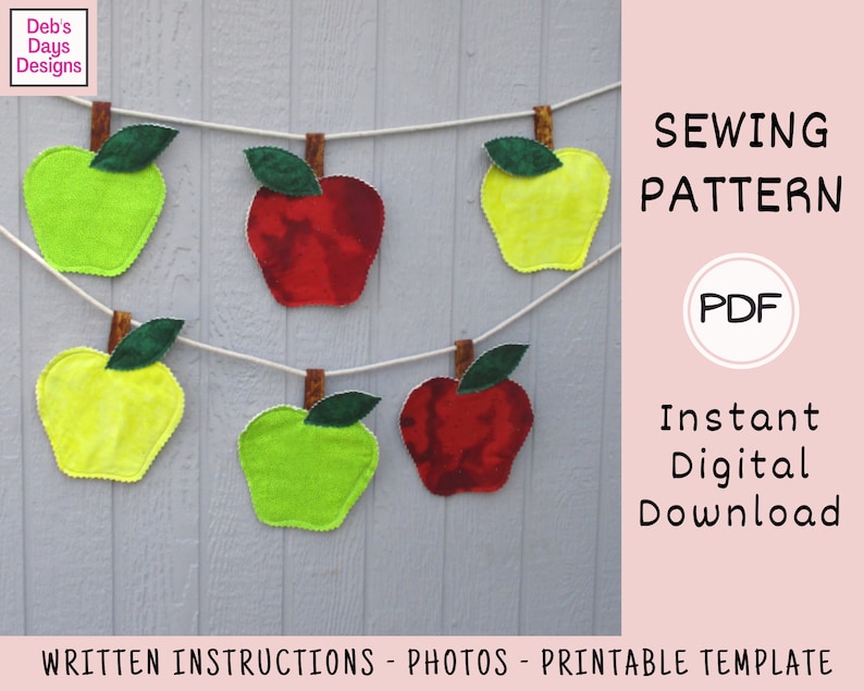 Apple Bunting Banner PDF SEWING PATTERN, Digital Download, How to Sew Fall Fabric Hanging Garland, Back to School Teacher Classroom Decor image 3