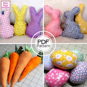 May include: A PDF pattern for sewing Easter-themed plush toys, including bunnies, carrots, and eggs. The pattern includes a variety of fabric designs and colors, such as pink, yellow, purple, and orange.