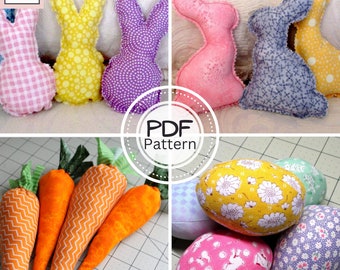 Stuffed Easter Plush PDF SEWING PATTERN Set, Digital Download Bundle, How to Make Fabric Rabbits Easter Eggs Carrots, Spring Decor Tutorial