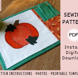 Pumpkin Mug Rug PDF SEWING PATTERN, Digital Download, How to Make a Quilted Appliquéd Pocket Mini Placemat, Handmade Fall Snack Mat Tutorial image 3