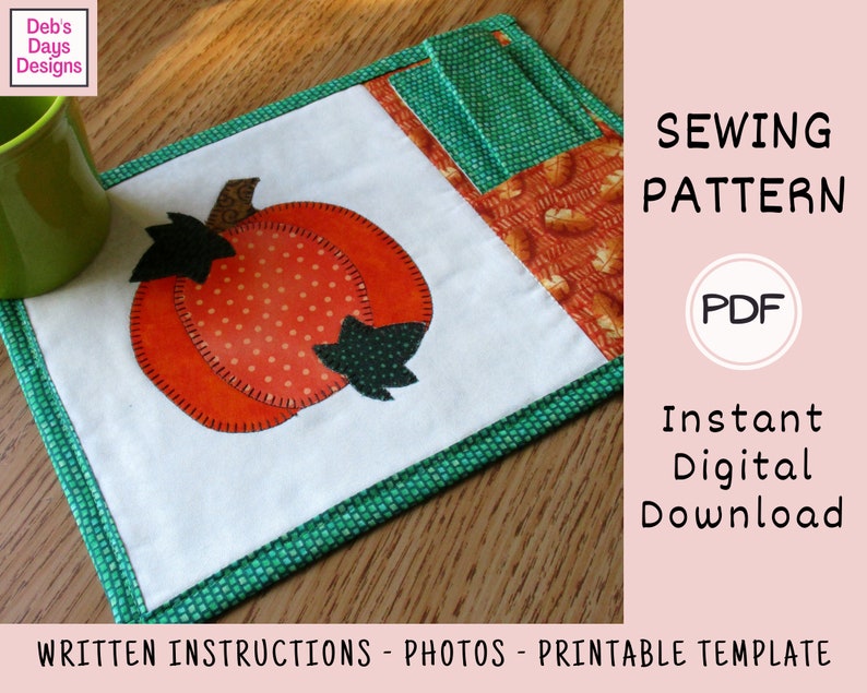 Pumpkin Mug Rug PDF SEWING PATTERN, Digital Download, How to Make a Quilted Appliquéd Pocket Mini Placemat, Handmade Fall Snack Mat Tutorial imagen 3