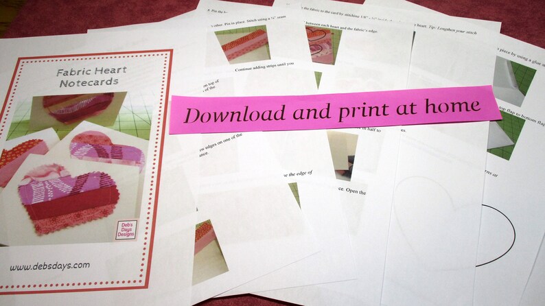 Valentine's Day Cards PDF SEWING PATTERN, Digital Download, How to Make Handmade Heart Fabric Strip Cards, Notecard Craft Tutorial image 2