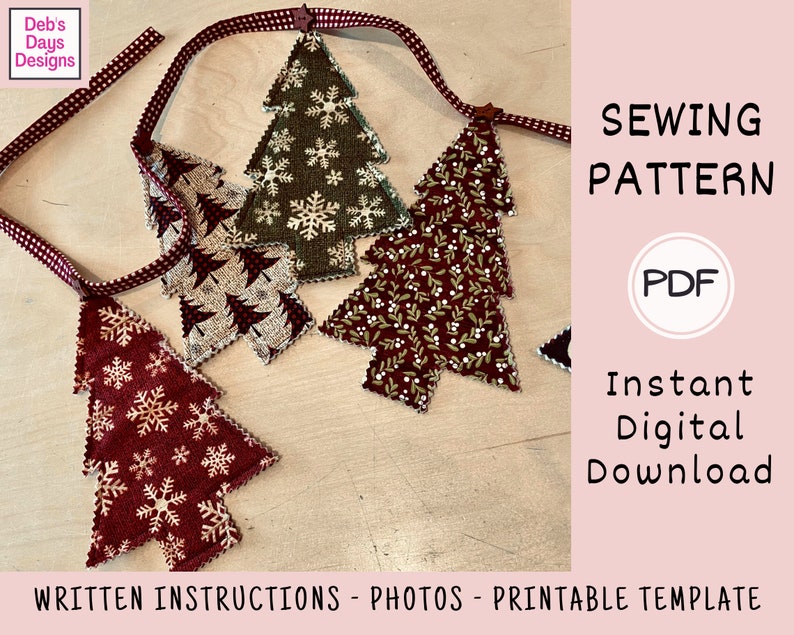 Christmas Tree Garland PDF SEWING PATTERN, Digital Download, How to Make a Fabric Holiday Bunting Banner, Hanging Mantel Decor Tutorial image 3