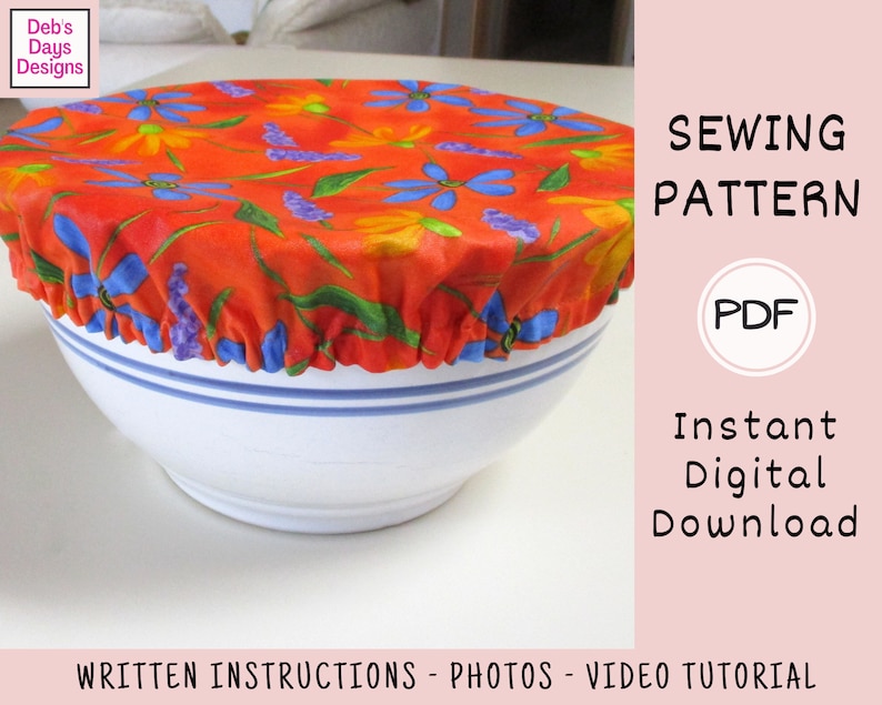 Cloth Bowl Covers PDF SEWING PATTERN, Digital Download, How to Make Fabric Reusable Round Dish Food Protectors, Quick Kitchen Tutorial image 3