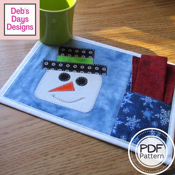 Snowman Mug Rug PDF SEWING PATTERN, Digital Download, How to Make a Quilted Christmas Mini Placemat, Handmade Appliquéd Snack Mat Tutorial