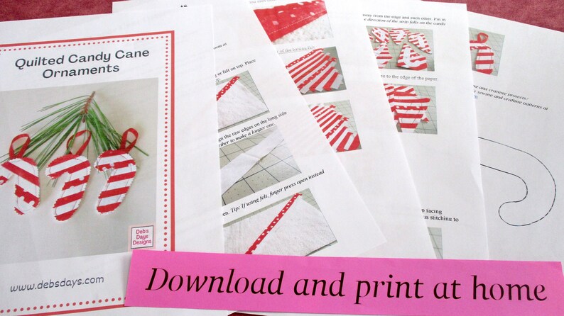 Quilted Candy Cane Ornaments PDF SEWING PATTERN, Digital Download, How to Make Handmade Cloth Holiday Decor, Scrap Fabric Project Tutorial image 2