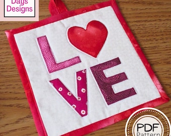 Valentine's Day Potholder PDF SEWING PATTERN, Digital Download, How to Make a Handmade Fabric Hot Pad, Quilted Heart Kitchen Trivet Tutorial