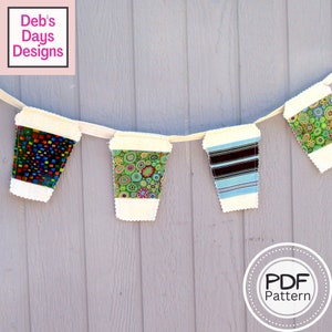 Coffee Bar Banner PDF SEWING PATTERN, Digital Download, How to Make Coffee Station Fabric Bunting Decorations, To Go Cup Garland Tutorial