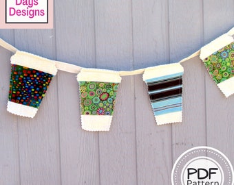 Coffee Bar Banner PDF SEWING PATTERN, Digital Download, How to Make Coffee Station Fabric Bunting Decorations, To Go Cup Garland Tutorial