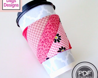 Coffee Cup Sleeve PDF SEWING PATTERN, Digital Download, How to Make Quilted Scrap Fabric To Go Mug Cozy, Reusable Cloth Beverage Cover Idea