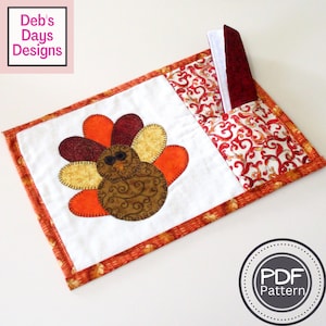 Thanksgiving Mug Rug PDF SEWING PATTERN, Digital Download, How to Make an Appliquéd Turkey Quilted Mini Placemat, Fall Snack Mat Tutorial