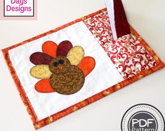 Thanksgiving Mug Rug PDF SEWING PATTERN, Digital Download, How to Make an Appliquéd Turkey Quilted Mini Placemat, Fall Snack Mat Tutorial