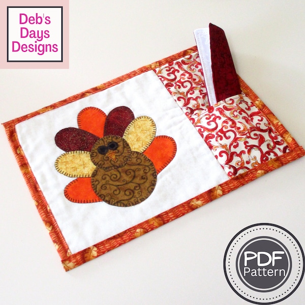 Thanksgiving Mug Rug PDF SEWING PATTERN, Digital Download, How to Make an Appliquéd Turkey Quilted Mini Placemat, Fall Snack Mat Tutorial