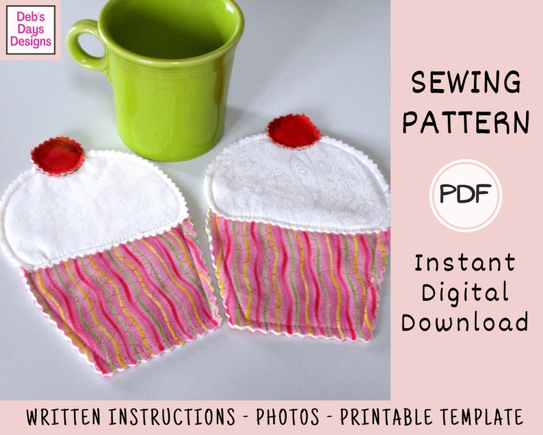 Cupcake Coasters PDF SEWING PATTERN, Digital Download, How to Make Handmade Quilted Cloth Fabric Drink Coasters, Birthday Crafts Tutorial image 3