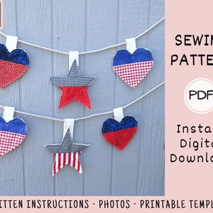 Americana Garland PDF SEWING PATTERN, Digital Download, How to Make Stars and Hearts Fabric Bunting Banner, Hanging 4th of July Decor image 3
