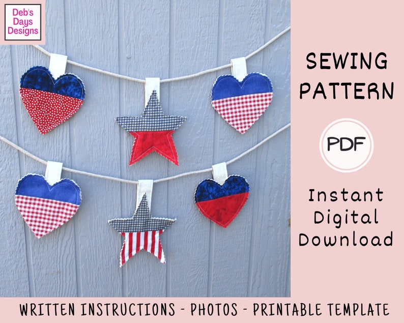Americana Garland PDF SEWING PATTERN, Digital Download, How to Make Stars and Hearts Fabric Bunting Banner, Hanging 4th of July Decor image 3