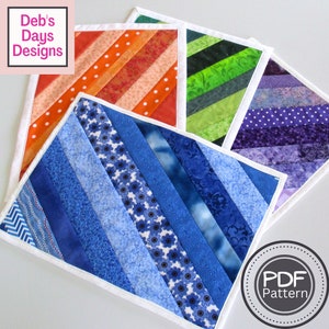 May include: Four colourful quilted placemats with a diagonal stripe pattern. The placemats are made from different fabrics with various patterns, including polka dots, floral prints, and geometric designs. The placemats are edged with white fabric. The text "PDF Pattern" is visible in the lower right corner of the image.