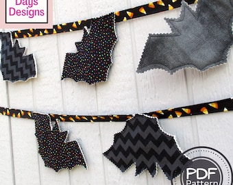 Halloween Bat Garland PDF SEWING PATTERN, Digital Download, How to Make a Fall Fabric Bunting Banner, Handmade October Party Hanging Decor