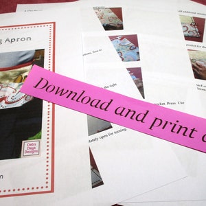 May include: A printable pattern for a gardening apron. The pattern includes instructions and images to help you sew the apron. The apron is shown in a floral print with a red trim.