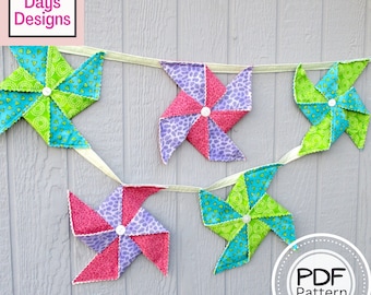 3D Fabric Pinwheel Banner PDF SEWING PATTERN, Digital Download, How to Make Handmade Quilted Bunting, Hanging Garland, Party Decor Tutorial