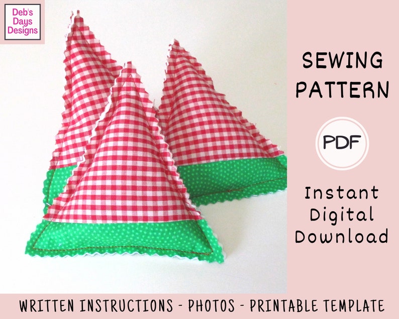 May include: Sewing pattern PDF for a red and green gingham triangle pillow. Instant digital download. Written instructions, photos, and a printable template are included.