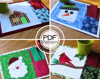 Christmas Mug Rug Set, PDF SEWING PATTERNS, Digital Download, How to Make Quilted Holiday Mini Placemats, Handmade Snack Mat Tutorial