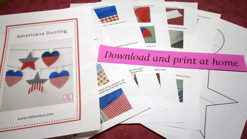 Americana Garland PDF SEWING PATTERN, Digital Download, How to Make Stars and Hearts Fabric Bunting Banner, Hanging 4th of July Decor image 2