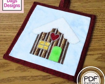 Gingerbread House Potholder PDF SEWING PATTERN, Digital Download, How to Make an Appliquéd Fabric Hot Pad Trivet, Quilted Christmas Tutorial