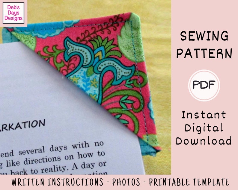 Corner Bookmark PDF SEWING PATTERN, Digital Download, How to Make a Handmade Fabric Bookmark for Readers, Quick and Easy Craft Tutorial image 3